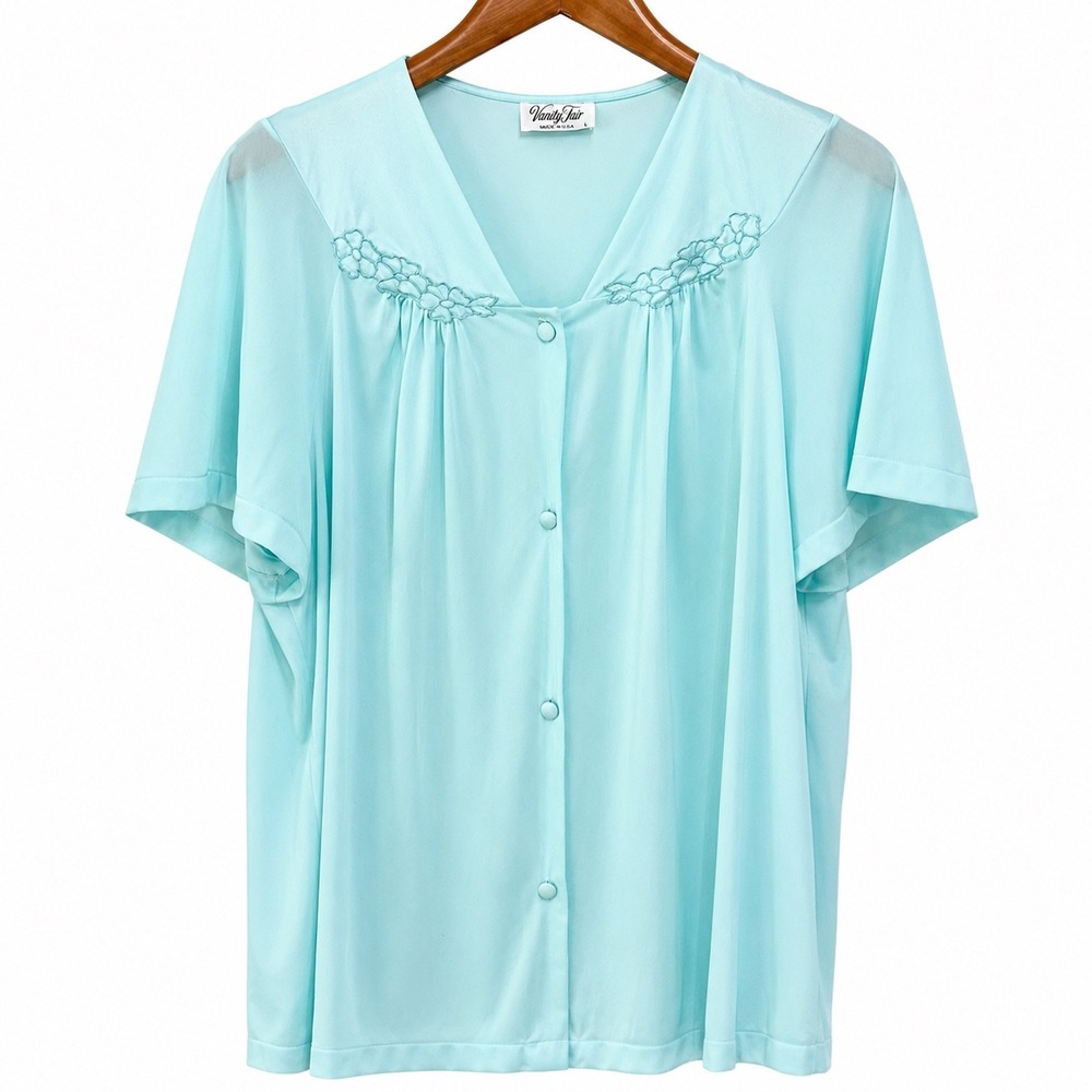 Vanity Fair Vintage Blue Embroidered Button Front Pajama Top Short Sleeve Large
